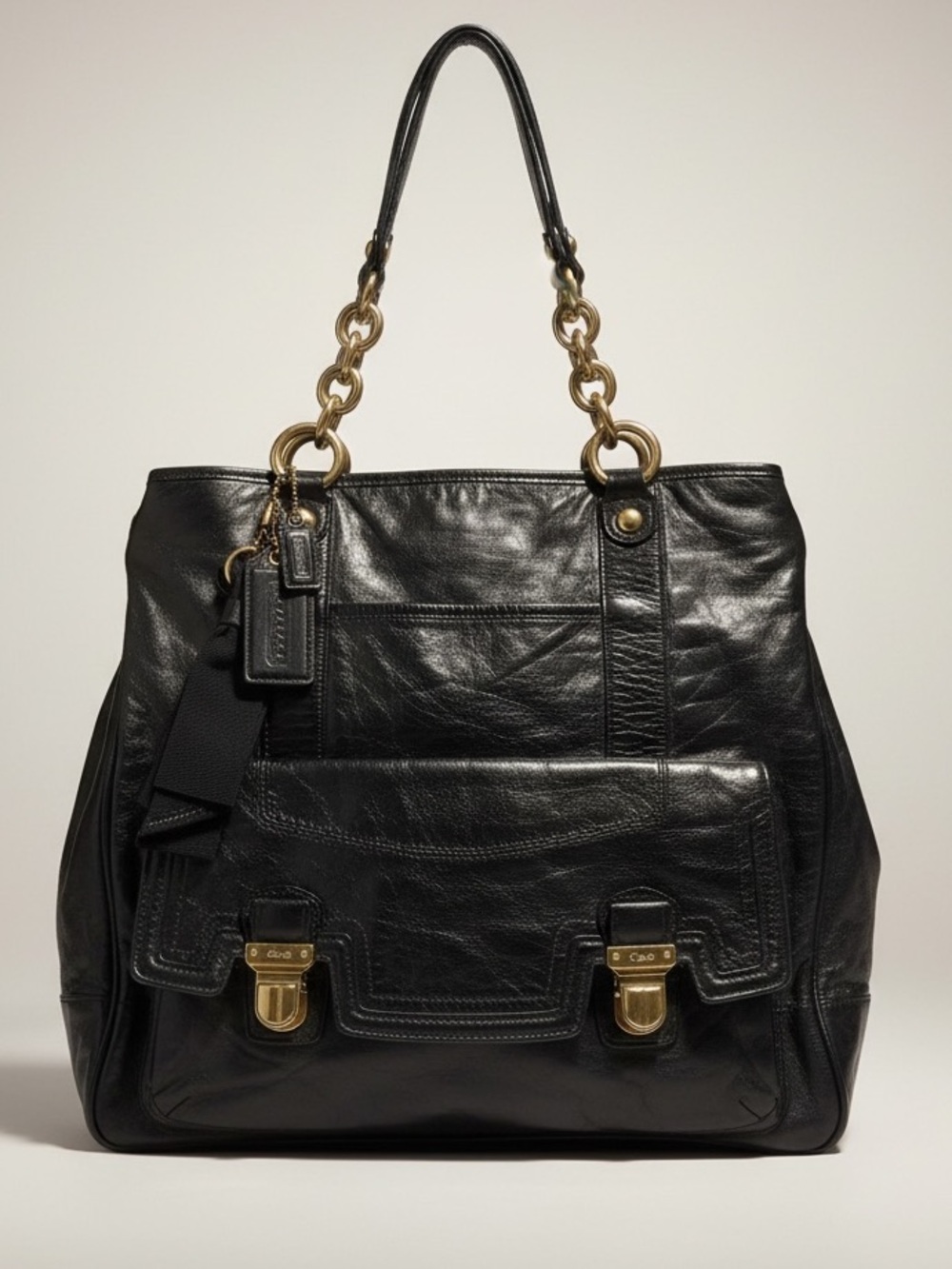 Coach Poppy Camellia Pushlock Leather Shoulder Tote Glossy Black Pink Gold Bow